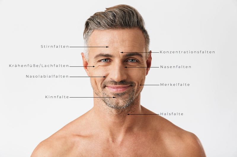 REIN & ARTIG Anti-Aging Hautpflege für Männer Arten von Falten Gesichtscreme Gesichtsreiniger Stirnfalte Krähenfüße Lachfalte Nasolabialfalte Kinnfalte Konzentrationsfalte Nasenfalte Merkelfalte Halsfalte gegen vorzeitige Hautalterung Anti-Falten